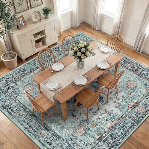 RELEANY Washable Area Rug, Square 10'x10', Teal Green/White/Navy by RELEANY
