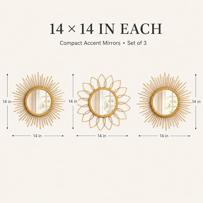 Gold Sunburst Mirror 14x14 Inch, Decorative Wall Accent with Metal Frame, Small Sun Mirror for Living Room, Bedroom, Entryway, Hallway, Boho Modern Home Decor - Image 4