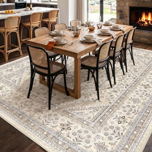 Puino 11x11 Square Washable Area Rug - Non-Slip Living Room Rugs Beige Gray - Image 4