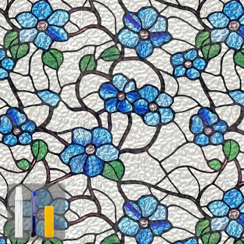 QHY Sunshine Privacy Window Film with Installation Tool Decorative Stained Glass Window Stickers Reusable Window Film (Indigo Waviness, 23.6 x 78.7) by QHYsunshine