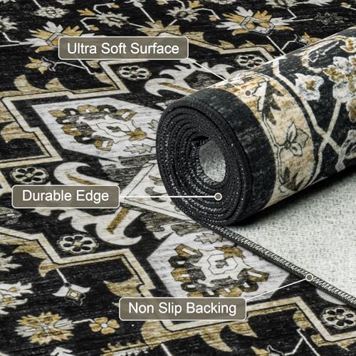Round Area Rug for Living Room: 4ft Boho Washable Rug Black Gold - Image 6