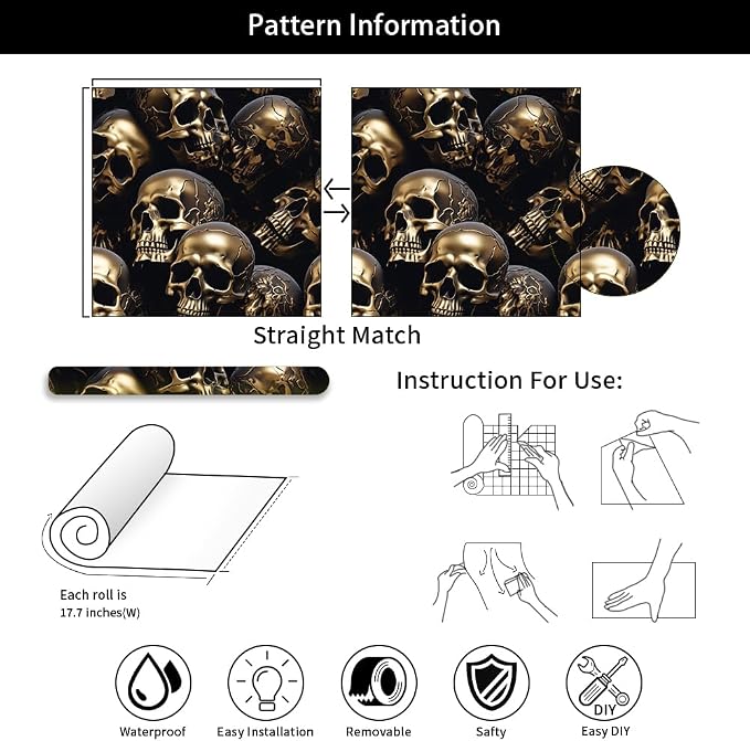 18"x236" Black Gold Creative Gothic Skull Peel and Stick Self Adhesive Wallpaper Removable Contact Paper Stick on Easy Peel Off Wall Paper for Kitchen Bedroom Bathroom Renter - Image 7
