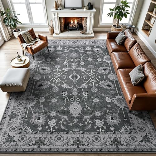 Hanples 9x12 Area Rugs for Living Room, Washable Rug Vintage Floral, Gray by Hanples