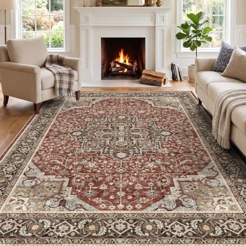 8x10 Vintage Area Rug for Living Room - Non-Slip Backing Rugs Red Brown by Puino