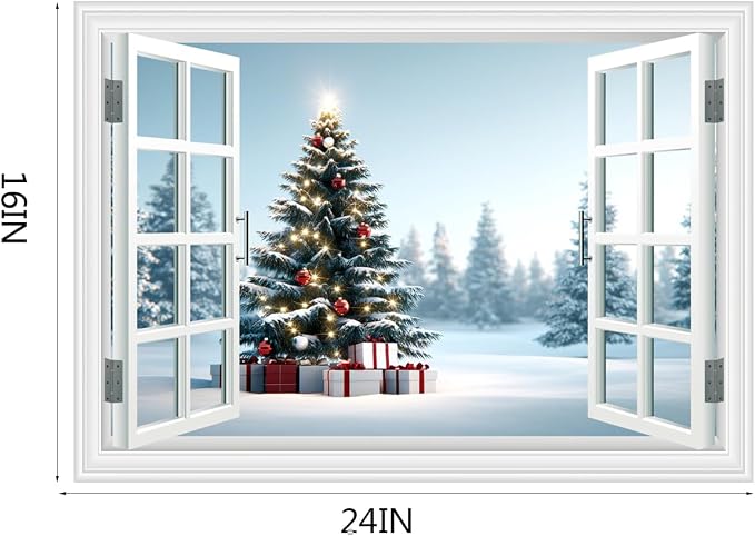 Fake Window Wall Decal - Christmas Tree Gift Winter Wall Art Poster Mural | ｜Faux Window Snow Snowfield Landscape Mural ｜ Stick and Peel Wall Decals｜for Xmas Room Office Decor｜48"x32",Set of 2 Sheets - Image 7