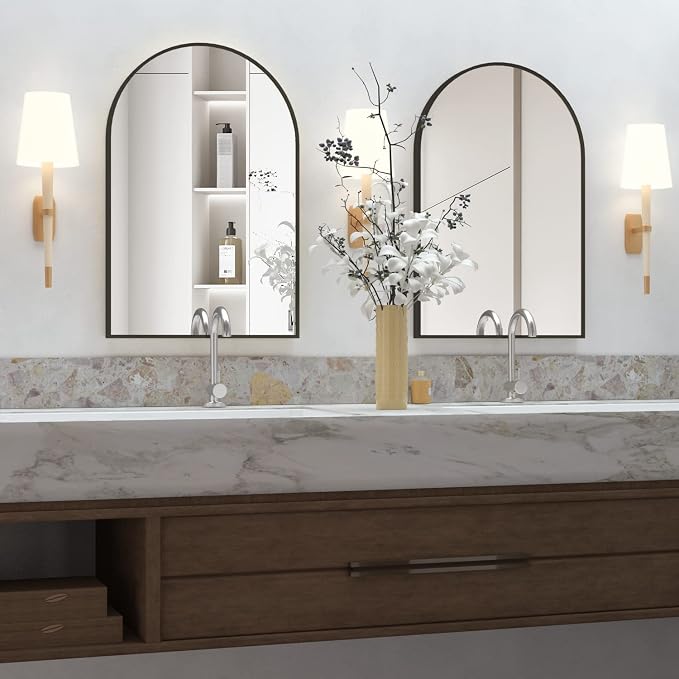 Wall Mounted Mirror, Arched Wall Mirror for Bathroom, 20"x30" Arch Bathroom Mirror with Metal Frame, 2 piece Black Vanity Mirror Decor for Mantle, Bedroom, Entryway by NEUWEABY