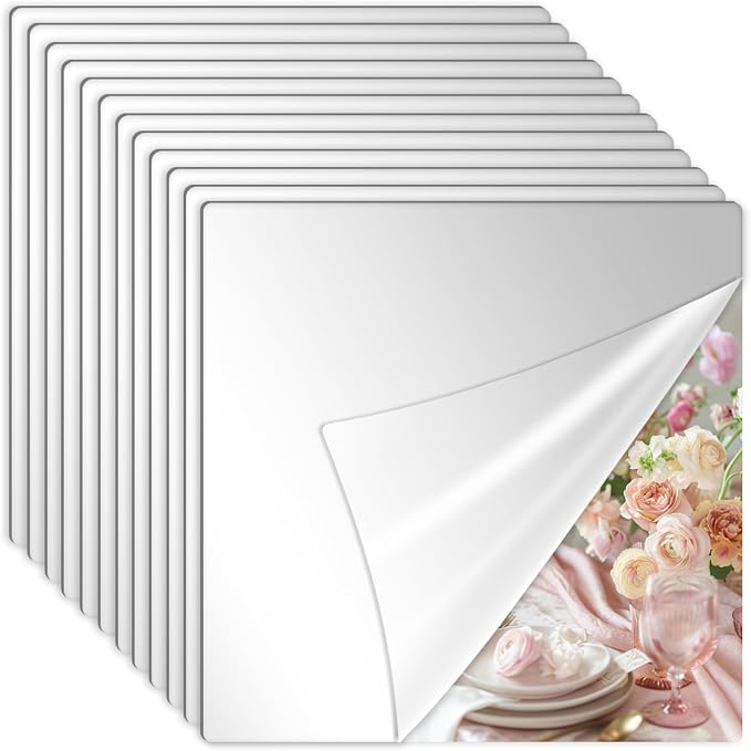 12PCS Square Acrylic Mirror Tiles, Mirror Sheets for Walls Decor, Square Mirror Centerpieces for Tables, Wall Mirror Full Length, for DIY Crafts Centerpieces Home Wall Table Ceiling Decor (8inch) by Cunnikku