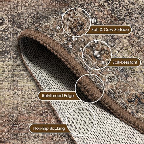Washable Area Rug 3' x 5 ' Vintage Traditional Persian Mat - Foldable Distressed Non-Slip Machine Washable Carpet for Living Room Bedroom Kitchen Home Decor - Umber and Slate - Image 6