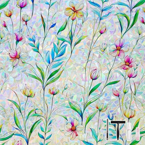 LEMON CLOUD Floral Stained Glass Window Privacy Film, 29.5″ x 78.7″ by LEMONCLOUD