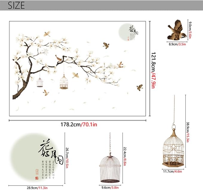 Large Chinese Style White Flowers Wall Stickers with Black Tree Flying Birds Wall Decals, Removable DIY Wall Art Decor Murals for Offices Living Room Bedroom Study Room Home Walls Decoration, 50x74in - Image 2