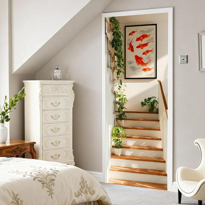 Koi Stairway Door Mural, Botanical Modern Steps Door Cover | Waterproof PVC, 30.3" W x 78.7" L; koi stairway design for bedroom, hallway, entryway or office doors. - Image 6