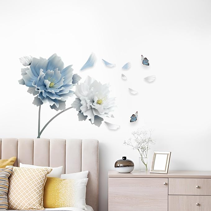 Large Peony Flower Wall Decals Elegant Blue and White Floral Wall Sticker Removable Vinyl Blossom Murals with Flying Butterflies Petals for Living Room Bedroom Sofa TV Background Home Decor - Image 7