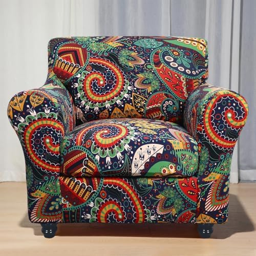SearchI Stretch Sofa Cover Printed Couch Covers, Floral Pattern 2 Piece Armchair Slipcover with Separate Chair Cushion Cover, Washable Furniture Protector for Living Room(Armchair, Paisley Pattern) - Image 2