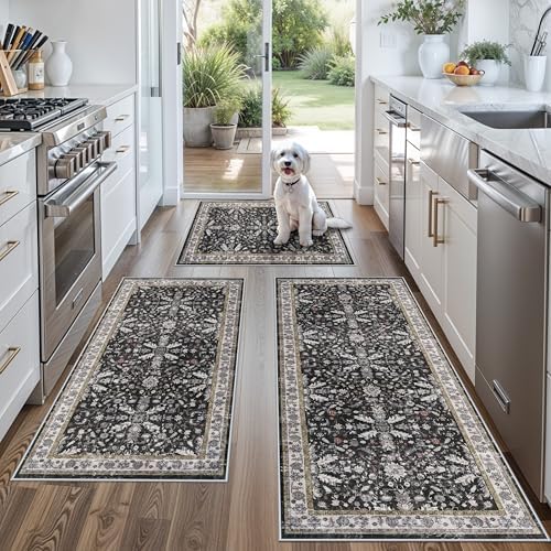 3-Piece Washable Kitchen Rug Set of 3 with Runner – Non-Slip Boho Kitchen Mats for Hardwood Floor, Sink & Entryway & Bathroom, Home Decor (Black,2x3+2x4+2x5) by BYYVOORugsforYourHome