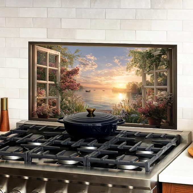 Lake Sunset Kitchen Backsplash Peel and Stick, 30x16 in | Garden window view of golden sunset over flower-lined lake with boats; flat 2D waterproof peel and stick; wipe clean - Image 2