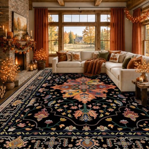 RELEANY Washable Area Rug, Large 9'x12', Black/Colorful by RELEANY