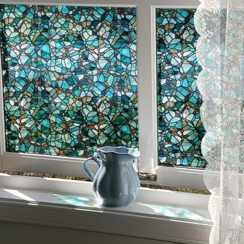 funlife Original Hand-Drawn Privacy Stained Glass Window Film, Single Sided Static Cling Window Cling Suitable for Entryway, Reusable Glass Windows Door Decor, Pine Cobblestones, 16.93"x118" by funlife