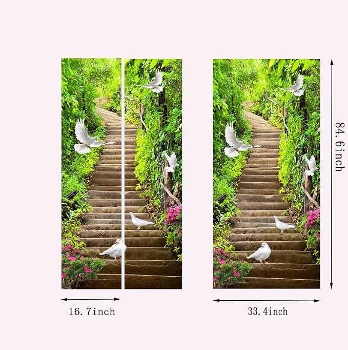 artfanke 3D Peel and Stick Door Sticker 33.5"x84.6"- Self-Adhesive Door Wallpaper Murals Decal-Green Forest Doves Wall Poster for Bedroom Home Decor (2 Sheets/Set) - Image 5