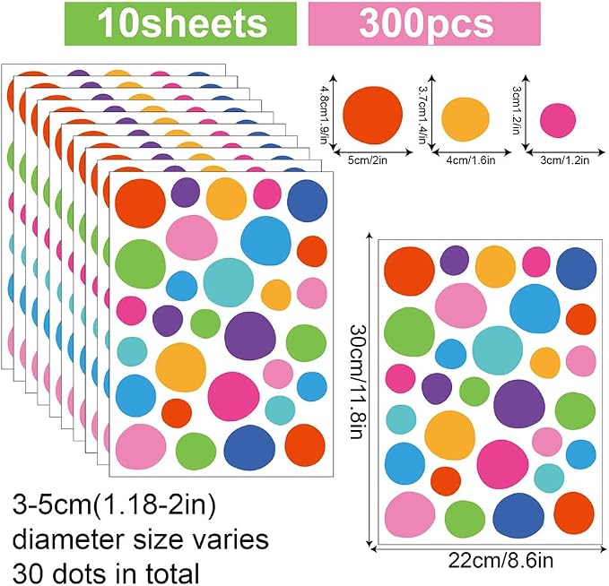 300 Pcs Bright Removable Multicolor Polka Dot Vinyl Wall Decals Set | 10 Sheets Waterproof Peel & Stick Matte Circle Stickers for Bedroom, Playroom & Accent Wall Decor(Mixed Size 1.2–2 in) - Image 2