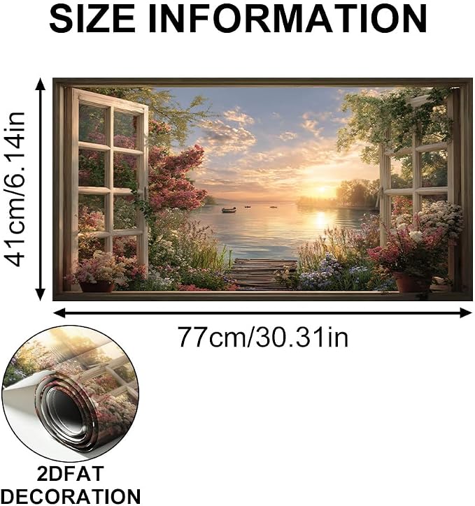 Lake Sunset Kitchen Backsplash Peel and Stick, 30x16 in | Garden window view of golden sunset over flower-lined lake with boats; flat 2D waterproof peel and stick; wipe clean - Image 6