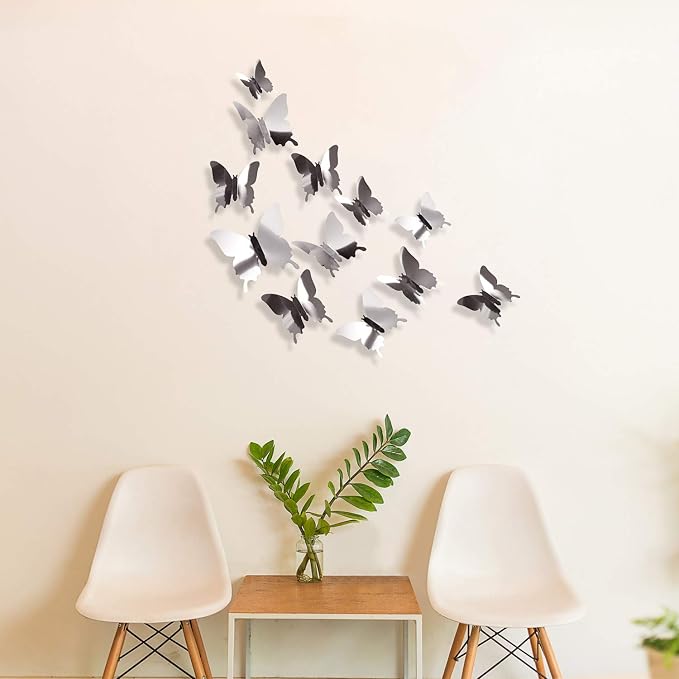 BBTO 48 Pieces Butterfly Wall Decor DIY 3D Mirror Butterfly Stickers Removable Decals Crafts for Birthday Party Bedroom School Bathroom Living Room Decor（Sliver） | Butterfly Stickers,3 Sizes,for Birthday Party Cake,Room Nursery Bathroom Wall Decor,Remo... - Image 5