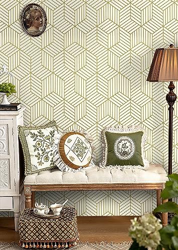 CiCiwind Beige and Gold Peel and Stick Wallpaper Gold Striped Hexagon Contact Paper Removable Self Adhesive Wall Paper Geometric Waterproof Vinyl for Wall Cabinet Shelf Drawer Decor 15.7"x472" - Image 5