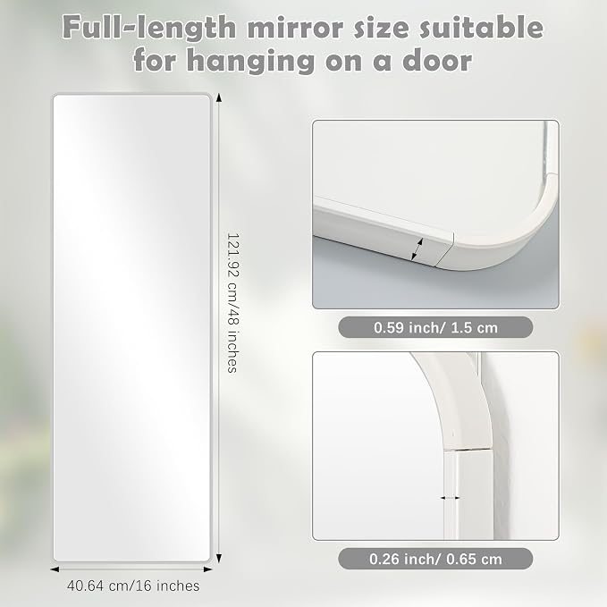 Thyle Over The Door Mirror 16x48'' Full Length Dorm White Mirror with Adjustable Hooks Wall Mounted for College School Classroom Affirmation Station Back Door Bedroom Entryway Long Body - Image 2