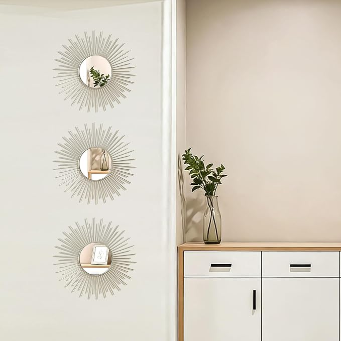 3 Pack Metal Mirrors for Wall Sunburst Wall Mirrors Home Décor Decorative Hanging Wall Art for Living Room Bedroom Entryway (Silver2, Sunburst) - Image 5