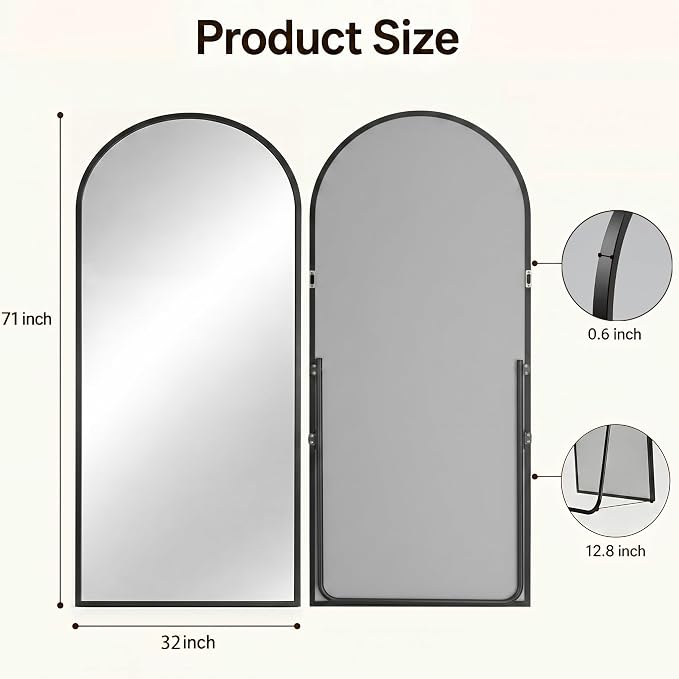 Antok Full Length Mirror, 71"x32" Floor Mirror with Stand, Black, Arched - Image 7