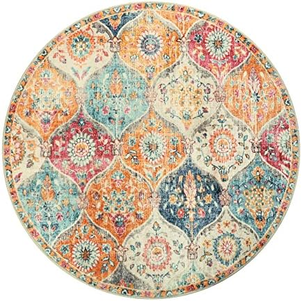 Lahome Moroccan Washable Circle Rug, Soft Vintage Round Rug 4ft, Distress Round Carpet for Entryway Bathroom Kitchen Bedroom, Non Slip Low Pile Stain Resistant Elise, Burnt Orange - Image 2
