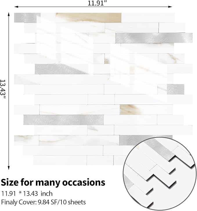Yipscazo 10 Sheets Peel and Stick Stone Metal Tile Backsplash, Stick on Tiles for Backsplash Kitchen, Bathroom, Laundry Room, Camper, Fireplace (12'' X 12'', Polished Marble) - Image 6