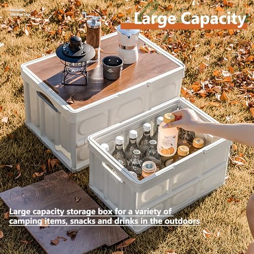 VPTMRP Collapsible Storage Bin with Handles and Wooden Lid, Large Capacity Stackable Utility Crates Holds 33lbs for Outdoor Home Storage Organizing Moving (55L/14.5Gal) - Image 3