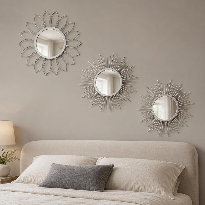 Silver Sunburst Mirror 14x14 Inch, Decorative Wall Accent with Metal Frame, Small Sun Mirror for Living Room, Bedroom, Entryway, Hallway, Boho Modern Home Decor - Image 3