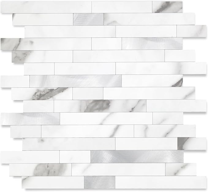 Yipscazo 2026 New Upgrade Peel and Stick Stone Metal Tile Backsplash, Stick on Tiles for Backsplash Kitchen, Bathroom (10 Sheets, Marble White Metal) by Yipscazo