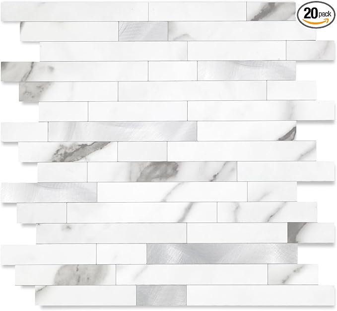 Yipscazo 2026 New Upgrade Peel and Stick Stone Metal Tile Backsplash, Stick on Tiles for Backsplash Kitchen, Bathroom (20 Sheets, Marble White Metal) by Yipscazo