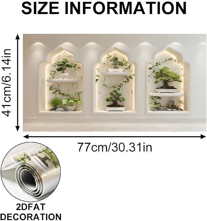 Bonsai Zen Niche Kitchen Backsplash Peel and Stick, 30x16 in | Three arched niches with bonsai and trailing vines under warm LED light; flat 2D waterproof peel and stick; wipe clean; 30x16 - Image 3