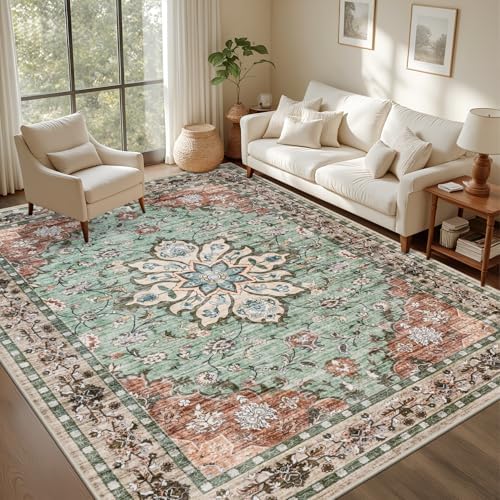 8x10 Area Rugs Living Room: Washable Rug for Bedroom Brown Green - Image 3