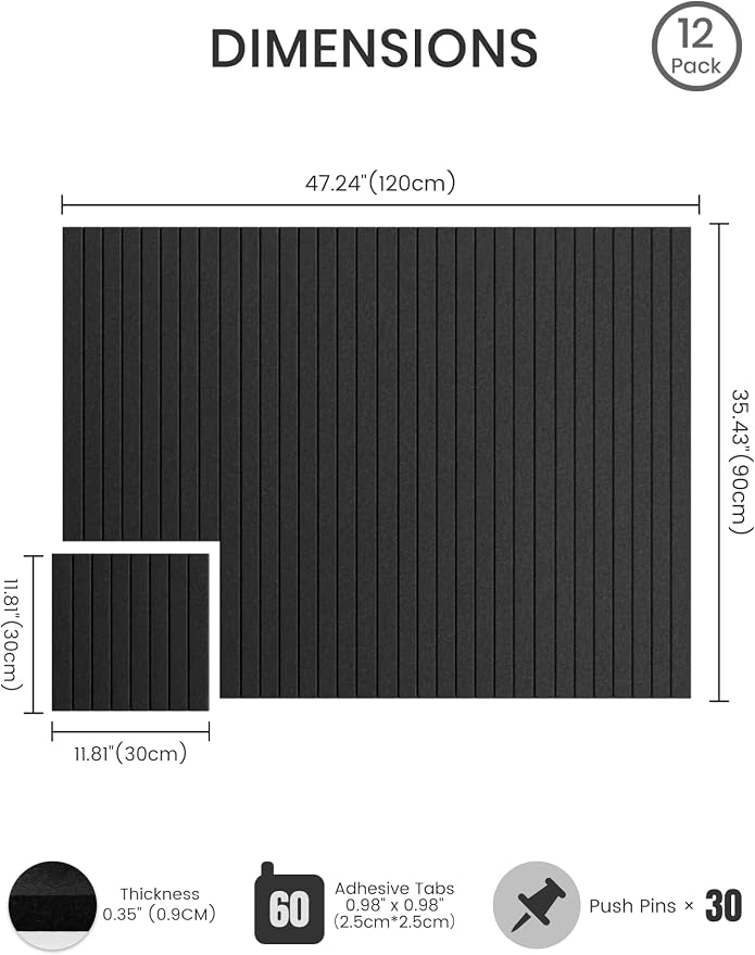 Bumusty 48"x 36" Large Felt Bulletin Board Tiles, Black | 12-Pack Cork Board Alternative, Wall Decor, 30 Pushpins, 60 Adhesive Tabs, Vision Board, Office, Classroom, Home, Dorm - Image 2