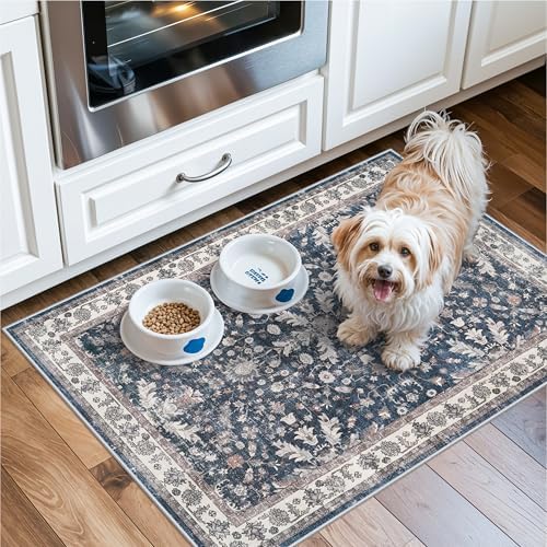 2x3 Non-Slip Washable Kitchen Rug - Boho Soft Small Area Rug for Sink, Entryway, Pet Area & Bathroom - Low Pile Thin Indoor Door Mat (Blue,2x3) - Image 4