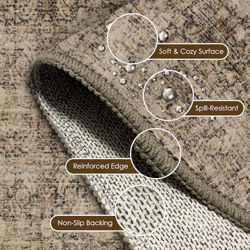 Washable Area Rug 9' x 12' Vintage Traditional Persian Mat - Foldable Distressed Non-Slip Machine Washable Carpet for Living Room Bedroom Kitchen Home Decor - Mocha and Taupe - Image 6