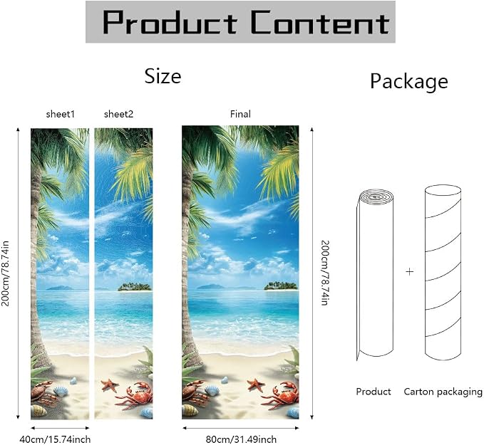 arricraft 2 Pcs Self-Adhesive Beach Scene Door Wall Stickers, 31.5"x78.7", PVC Material, Blue, Green, Rectangular, Indoor Use - Image 2