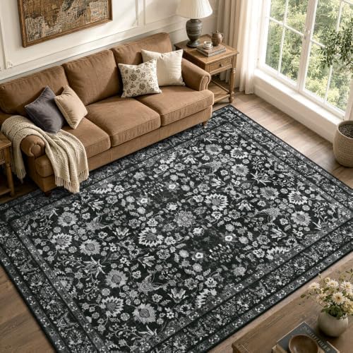 5x7 Ft Area Rugs for Living Room, Soft Non-Slip Machine Washable Rug, Vintage Stain Resistant Carpets for Bedroom Nursery Dining Room Home Decor (Black) by Lo%CC%80utiRootHome