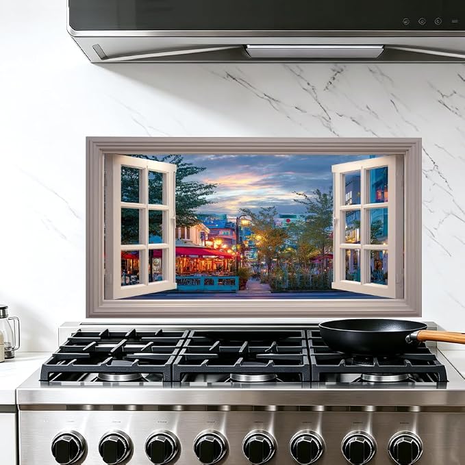 European Cafe City Kitchen Backsplash Peel and Stick, 30x16 in | Window view of evening cafe street with warm lanterns and awnings; flat 2D waterproof peel and stick; wipe clean; 30x16 in by JOYHAUE