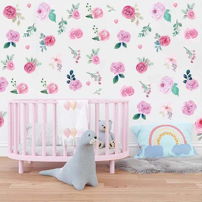 114 PCS Aesthetic Peel & Stick Watercolor Pink Flowers Wall Decals Set | 12 Sheets Removable Rose & Peony Floral Wall Stickers for Nursery, Girls Room, Living Room & Wedding Backdrops Decor - Image 7