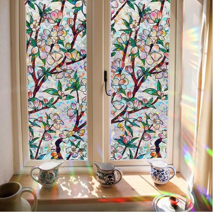 Retro Flowers Window Privacy Film, Magnolia Stained Glass Decorative Window Film for Glass, Rainbow Stained Window Cling Sticker Floral Removable Static Cling for Window (1, Peach Flower, 17x118.1in) by Unknown