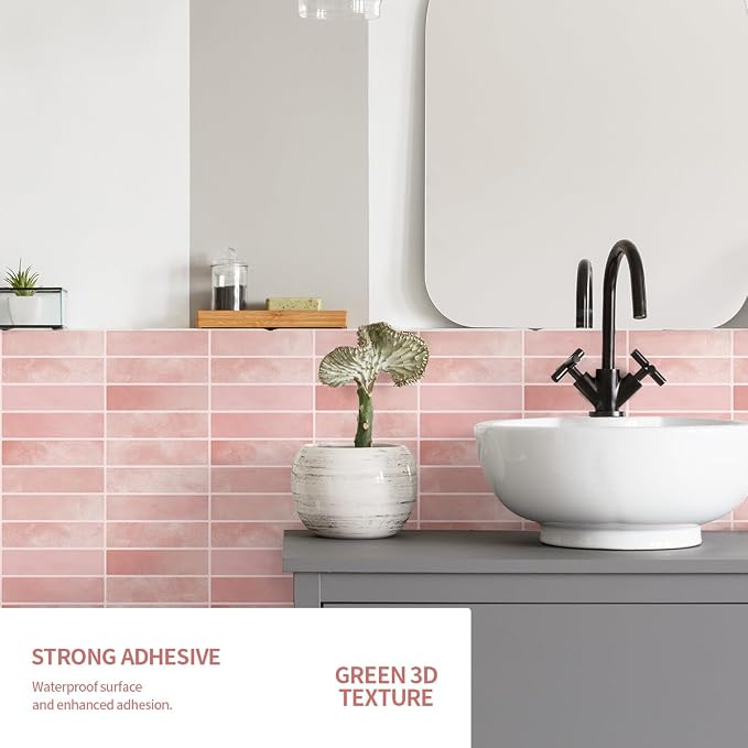 Peel and Stick Backsplash 3D Wall Tiles,Self-Adhesive,Oil Proof,Waterproof, Removable Wall Panels for Kitchen & Bathroom,Modern Design, Easy Install (10.7ft，12x9 inch,14 Pack) (Pink) - Image 6