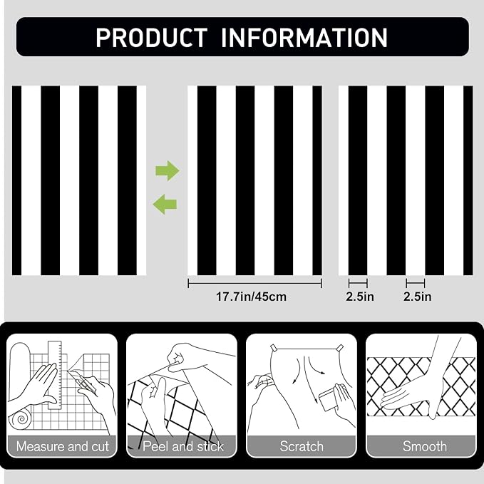Qianglive17.3”x200” Black and White Striped Peel and Stick Wallpaper Self-Adhesive Removable Waterproof Wallpaper Wall Covering Cabinets Shelves Drawer Liner Decorative - Image 3