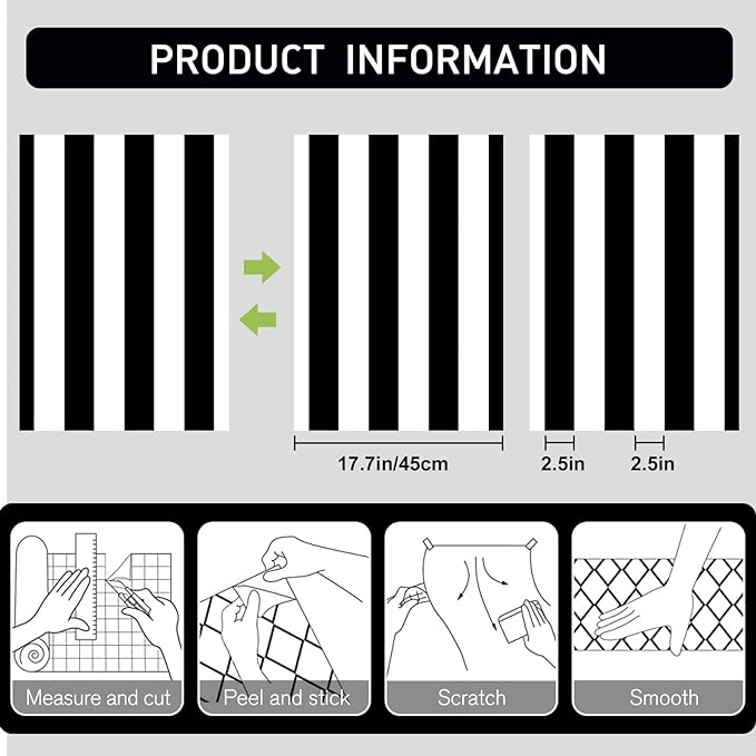 Black and White Striped Peel and Stick Wallpaper Self-Adhesive Removable Waterproof Wallpaper Wall Covering Cabinets Shelves Decorative A Set of 17.3"x480" - Image 3