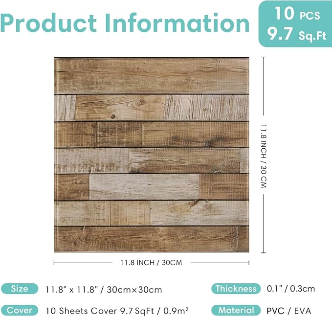 Commomy Faux Wood 3D Wall Sticker Peel and Stick Tiles 10 Pcs 11.8" x 11.8" | Ultralight Thin PVC Wood Grain Wallpaper Tiles for Quick DIY Wall Paneling Decor(9.7sq.ft) - Image 6