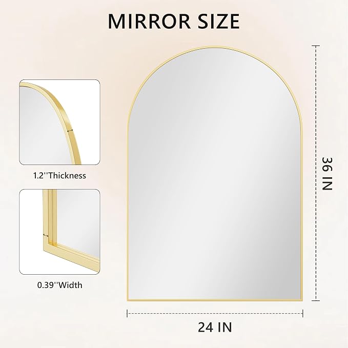 Arched Bathroom Mirror for Wall, 36" x 24" Metal Frame Vanity Mirror, Gold - Image 7